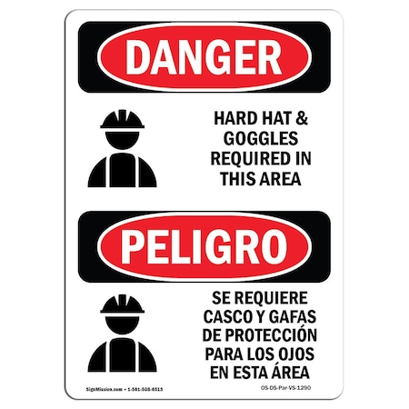 Signmission OSHA Sign, Hard Hat Goggles Required In Area Bilingual, 24in X 18in Decal, 18" W, 24" H, Spanish OS-DS-D-1824-VS-1290